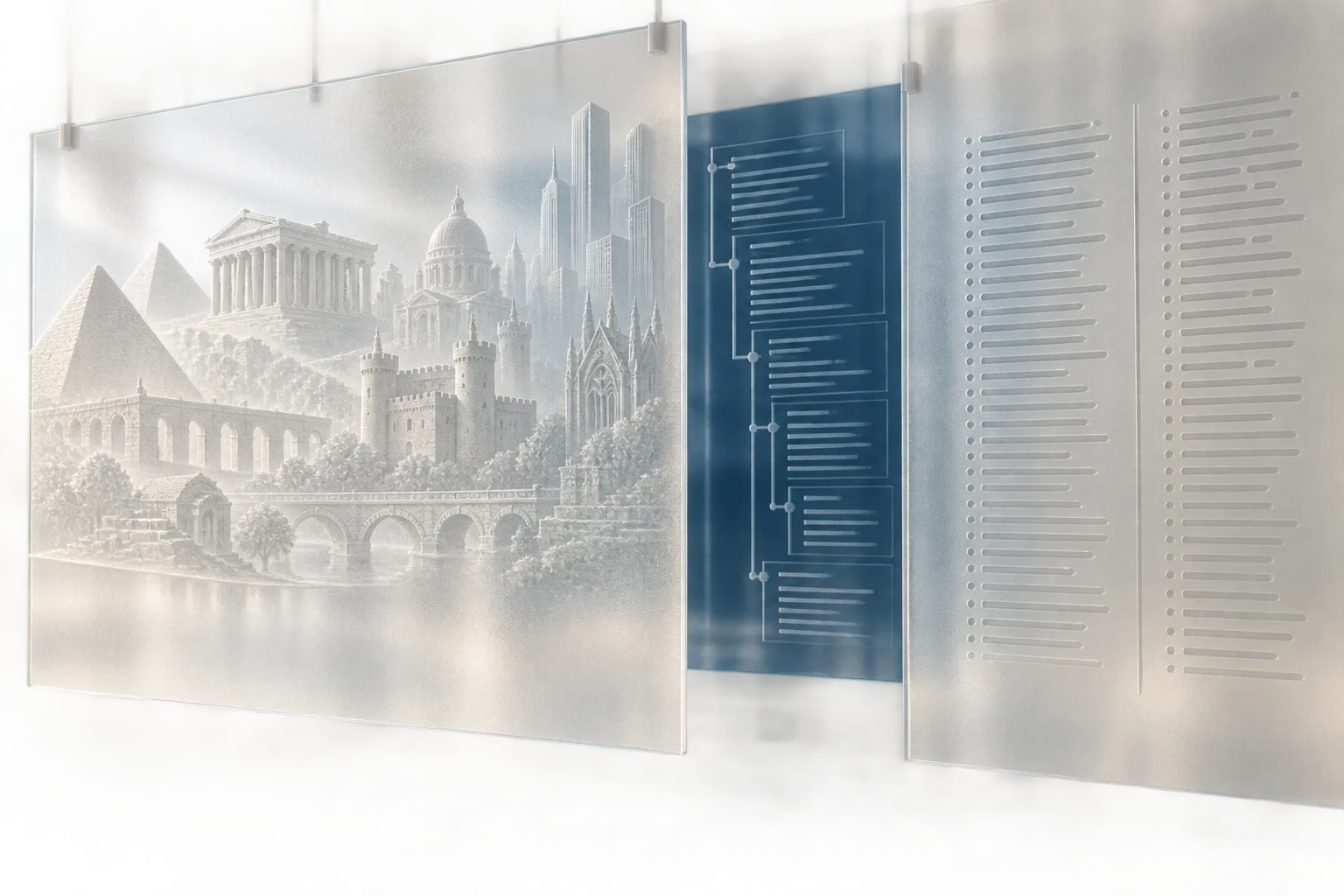 Translucent layers of historical buildings and written texts reveal a connected trace beneath.